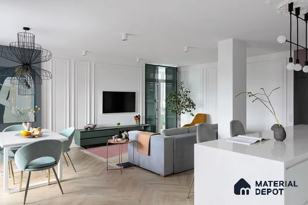 A spacious living room with contemporary furniture and floor-to-ceiling windows.